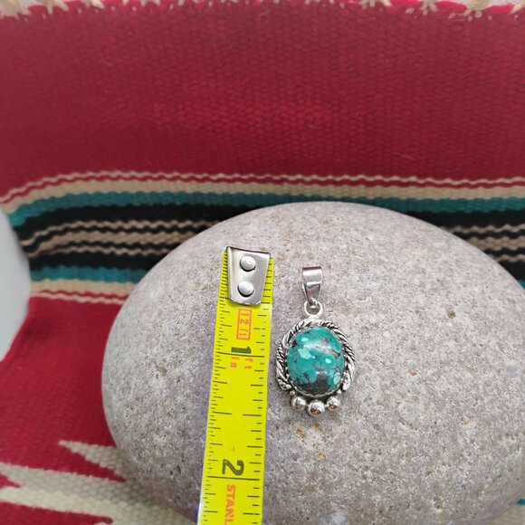 Southwest Aqua Green Spider Web Turquoise 925 Sterling Silver Pendant - Picture 3 of 7